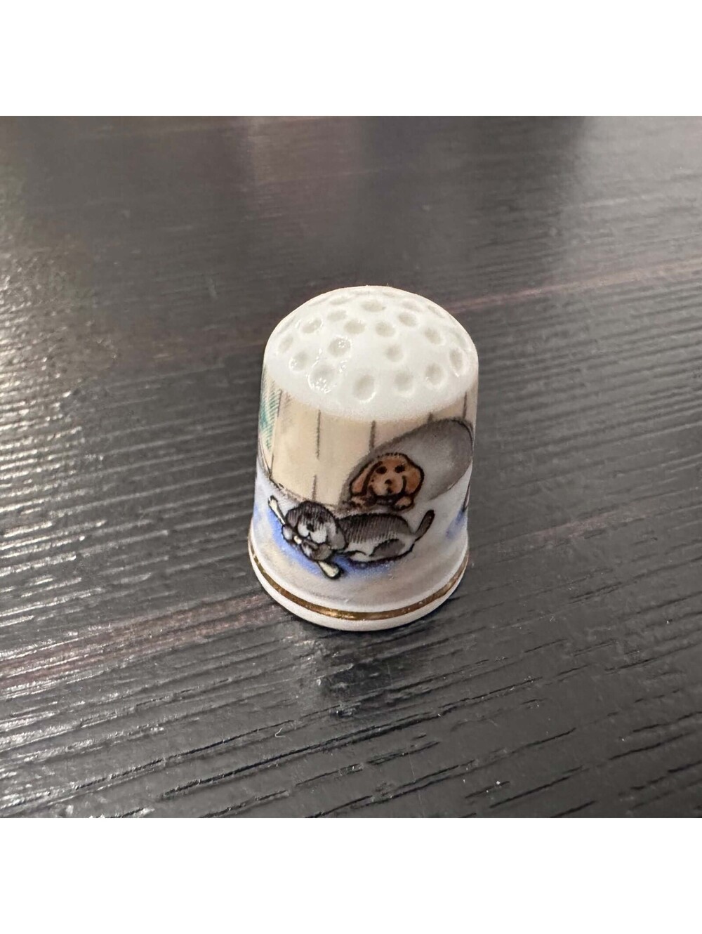 Vintage Dog Porcelain Thimble Two Puppies Playing Gold Trim EUC